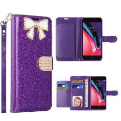 Ribbon Bow Crystal Diamond Wallet Case for Apple iPhone 11 [6.1] (Purple)
